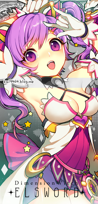 :d \m/ aisha_(elsword) armpits arms_up bangs bare_shoulders blush breasts character_name cleavage cowboy_shot crescent crescent_moon_pin dimension_witch_(elsword) dress elsword eyebrows_visible_through_hair fang gloves hair_ornament heart long_hair looking_at_viewer magical_girl medium_breasts open_mouth pencil_skirt pika_(kai9464) pink_ribbon purple_eyes purple_hair purple_skirt ribbon skirt smile star twintails wavy_hair white_dress white_gloves