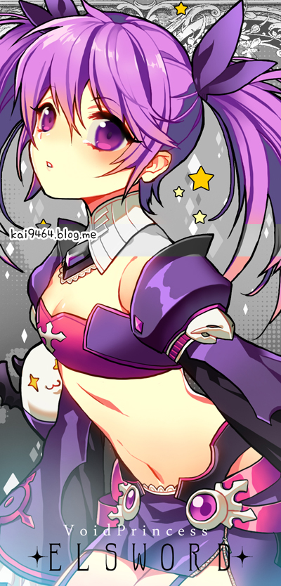 aisha_(elsword) angkor_(elsword) blush breasts character_name cleavage cowboy_shot crop_top cross elsword eyebrows_visible_through_hair garter_straps hair_between_eyes hair_ribbon leaning_forward long_hair long_sleeves looking_at_viewer midriff miniskirt navel parted_lips pencil_skirt pika_(kai9464) purple_eyes purple_hair purple_ribbon purple_skirt purple_sleeves revealing_clothes ribbon sidelocks skirt small_breasts solo star stomach thighs turtleneck twintails void_princess_(elsword) wide_sleeves wings
