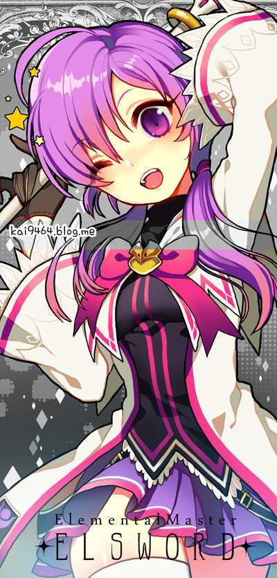 ;d ahoge aisha_(elsword) bangs black_gloves black_shirt breasts character_name cowboy_shot elemental_master_(elsword) elsword eyebrows_visible_through_hair gloves hair_ribbon holding holding_staff jacket long_hair long_sleeves looking_at_viewer miniskirt one_eye_closed open_mouth parted_bangs pika_(kai9464) pleated_skirt purple_eyes purple_hair purple_ribbon purple_skirt ribbon shirt skirt small_breasts smile staff star teeth thighhighs white_jacket white_legwear wide_sleeves zettai_ryouiki