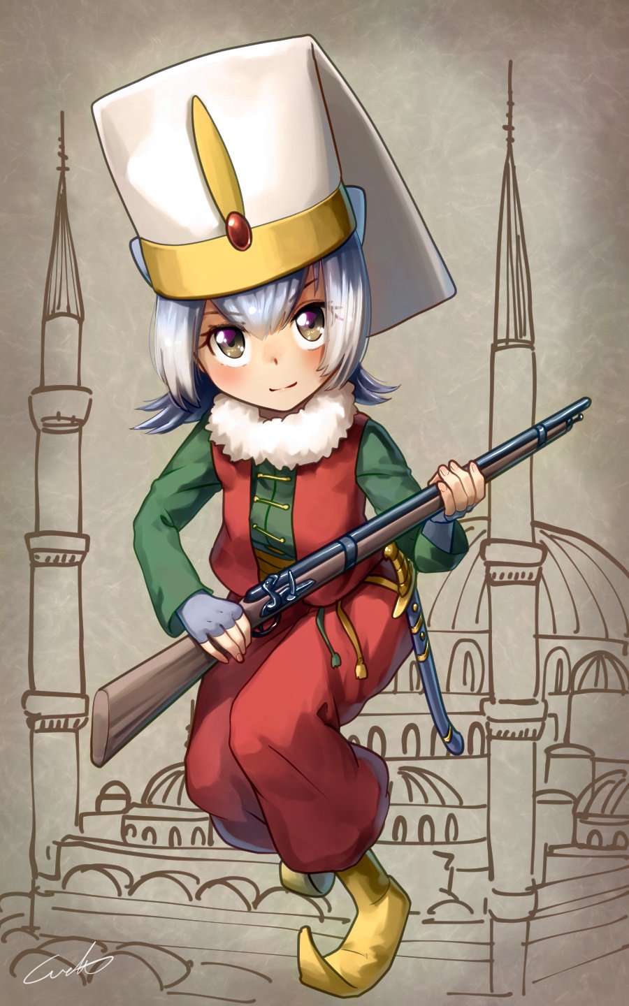 animal_ears artist_name bangs blush commentary eyebrows_visible_through_hair full_body fur_collar green_shirt grey_hair gun hagia_sophia hat highres holding holding_weapon janissary kemono_friends long_sleeves multicolored multicolored_eyes otter_ears pants puffy_pants pun red_pants red_vest rifle sheath shirt signature small-clawed_otter_(kemono_friends) smile solo turkey turkey_(country) vest weapon welt_(kinsei_koutenkyoku) yellow_footwear