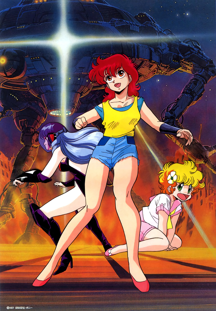 3girls 80s alien blonde_hair boots building cable daitokuji_biko dated energy_cannon fire flower green_eyes hair_flower hair_ornament helmet high_heels kotobuki_shiiko long_hair machinery magami_eiko mecha multiple_girls night non-web_source official_art oldschool open_mouth pink_footwear profile project_a-ko promotional_art red_eyes red_footwear red_hair robot ruins scan short_shorts short_sleeves shorts sitting sky standing star_(sky) starry_sky traditional_media vambraces walker wariza