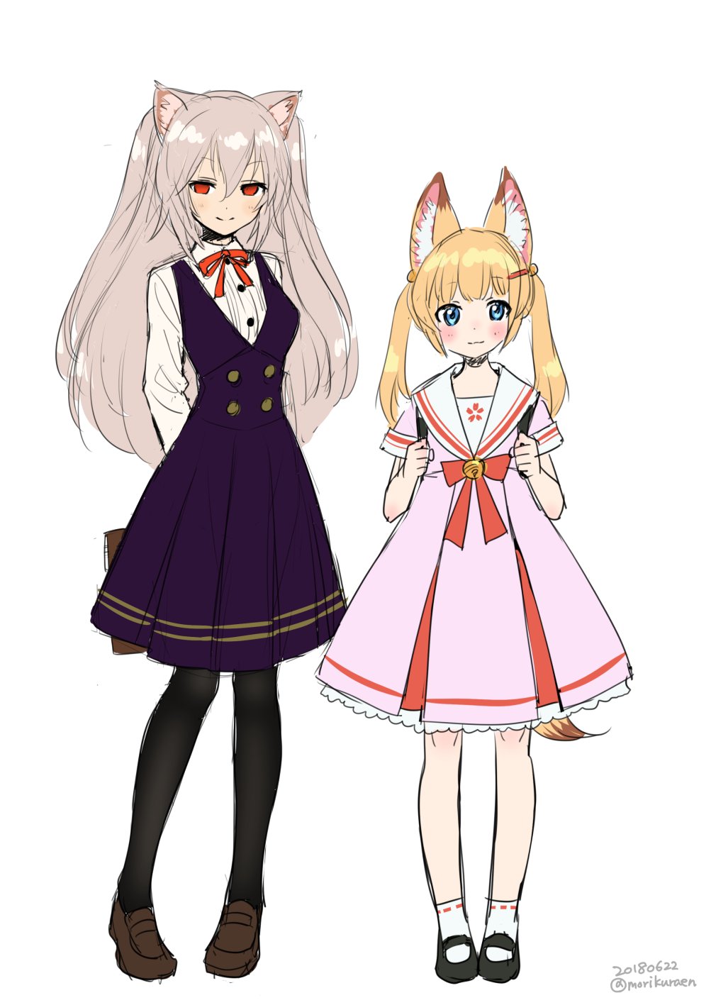 &gt;:) animal_ear_fluff animal_ears arms_behind_back black_legwear blonde_hair blue_eyes blush cat_ears commentary_request dated fox_ears fox_tail full_body grey_hair hair_ornament hairclip highres kemomimi_oukoku_kokuei_housou long_hair looking_at_viewer mikoko_(kemomimi_oukoku_kokuei_housou) morikura_en multiple_girls neck_ribbon nora_cat nora_cat_channel pantyhose red_eyes ribbon simple_background sketch smile standing tail twintails twitter_username virtual_youtuber white_background