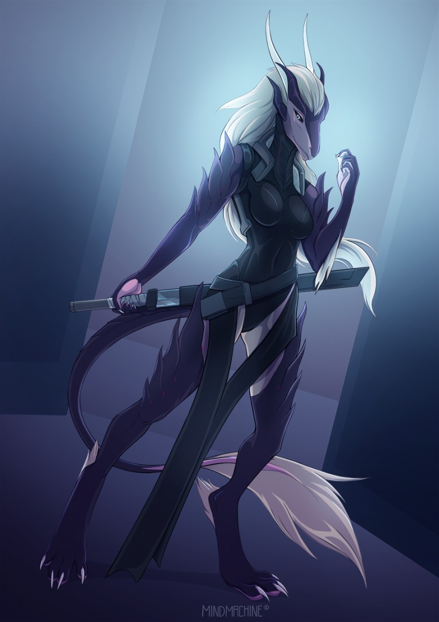 2018 4_toes 5_fingers anthro barefoot breasts clothed clothing digital_media_(artwork) dragon female hair holding_object holding_weapon melee_weapon mindmachine pale_eyes reptile scalie smile solo sword toes unknown_species weapon white_hair