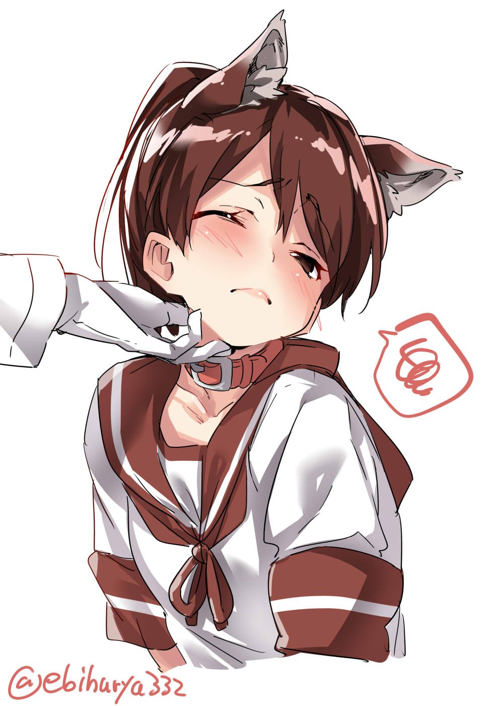 admiral_(kantai_collection) animal_ears blush brown_eyes brown_hair chin_tickle collar commentary dog_collar dog_ears ebifurya embarrassed gloves highres kantai_collection kemonomimi_mode long_hair looking_at_viewer neckerchief one_eye_closed ponytail sailor_collar school_uniform serafuku shikinami_(kantai_collection) short_sleeves simple_background solo_focus spoken_squiggle squiggle twitter_username white_background white_gloves