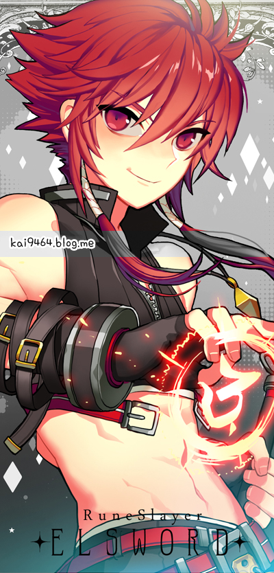 artist_name bare_shoulders belt black_shirt character_name closed_mouth collared_shirt copyright_name crop_top elsword elsword_(character) fingerless_gloves gloves hair_between_eyes jewelry long_hair low-tied_long_hair midriff navel necklace pika_(kai9464) red_eyes red_hair rune_slayer_(elsword) runes shirt smile solo striped striped_shirt upper_body zipper