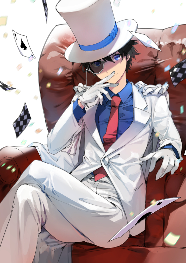 1boy ace_of_spades black_hair blue_eyes blue_shirt cape card chair formal gloves hand_up hat ice_(ice_aptx) kaitou_kid legs_crossed looking_at_viewer male_focus meitantei_conan monocle necktie pants playing_card red_neckwear shirt sitting smile solo suit top_hat white_background white_gloves white_hat white_pants white_suit