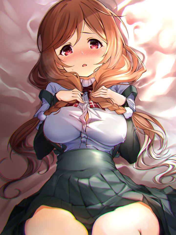 1girl arm_warmers bed blanket blush bow bowtie braid breasts brown_hair cleavage collared_shirt commentary_request eyebrows_visible_through_hair from_above grey_skirt hair_between_eyes hair_ornament hands_on_own_chest kantai_collection large_breasts light_brown_hair long_hair looking_at_viewer low_braid lying minegumo_(kantai_collection) on_bed open_mouth plaid_neckwear pleated_skirt red_eyes red_neckwear ribbon school_uniform shirt short_sleeves skirt solo suspender_skirt suspenders sweatdrop thighs twin_braids white_shirt youmou_usagi