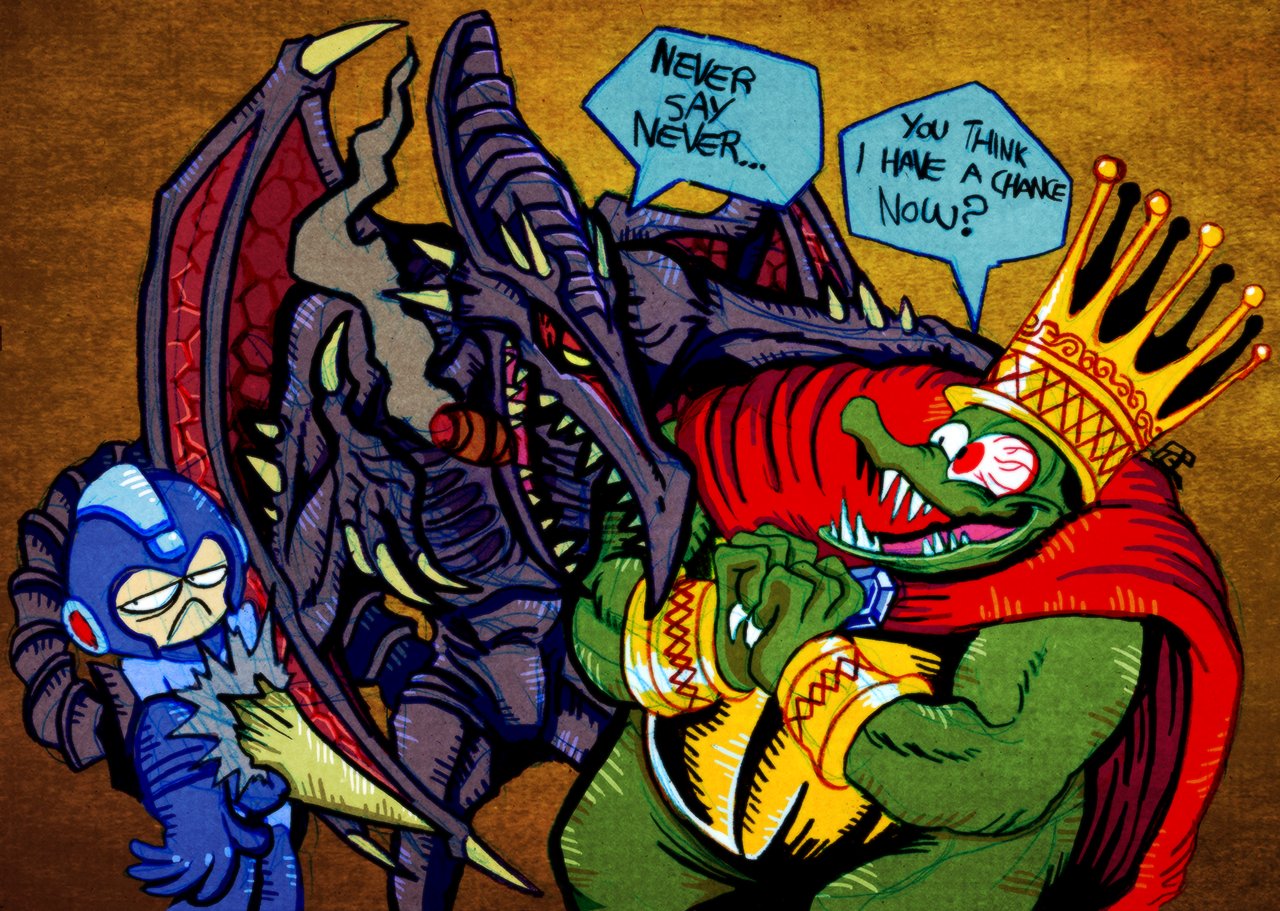 alien ambiguous_gender capcom cigar crocodile crocodilian crown dialogue donkey_kong_(series) dragon english_text f-g-p humanoid impalement king_k_rool machine male mega_man_(character) mega_man_(series) metroid nintendo reptile ridley robot scalie sharp_teeth simple_background teeth text textured_background video_games