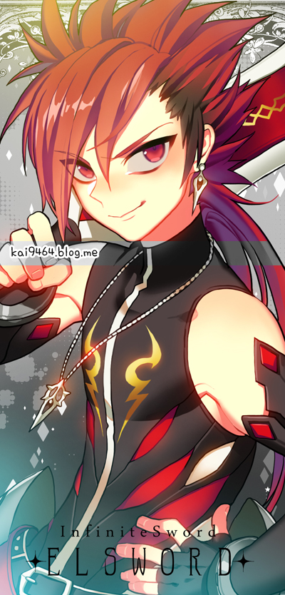 artist_name belt black_gloves black_hair black_shirt character_name closed_mouth copyright_name detached_sleeves elsword elsword_(character) fingerless_gloves gloves grin hand_on_hip hand_up holding holding_sword holding_weapon infinity_sword_(elsword) jewelry looking_at_viewer multicolored_hair necklace pika_(kai9464) red_eyes red_hair shirt sleeveless sleeveless_shirt smile solo sword two-tone_hair upper_body weapon