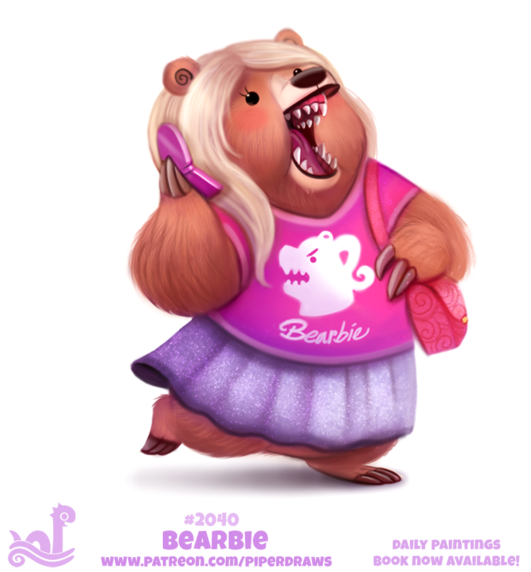 anthro barbie bear black_eyes blonde_hair brown_fur cellphone clothed clothing cryptid-creations english_text fangs female fur hair humor mammal open_mouth phone pun purse simple_background solo tan_fur teeth text white_background