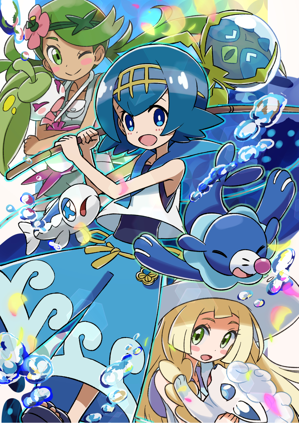 alolan_vulpix blonde_hair blue_eyes blue_hair blush_stickers braid bubble commentary_request dark_skin dewpider fishing_rod flower gen_1_pokemon gen_7_pokemon green_eyes green_hair hair_flower hair_ornament hairband hat highres kingin lillie_(pokemon) long_hair mao_(pokemon) multiple_girls one_eye_closed open_mouth overalls petals pokemon pokemon_(anime) pokemon_(creature) pokemon_sm_(anime) popplio shirt short_hair sleeveless sleeveless_shirt smile steenee suiren_(pokemon) sun_hat swimsuit swimsuit_under_clothes trial_captain twin_braids twintails white_hat white_shirt wishiwashi