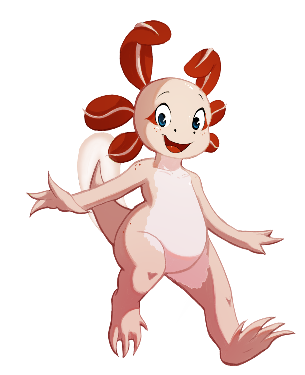 2018 alpha_channel ambiguous_gender amphibian anthro axolotl blue_eyes decorii external_gills featureless_crotch feet gills hi_res looking_at_viewer markings nude open_mouth open_smile ragedraws salamander smile solo tongue toony