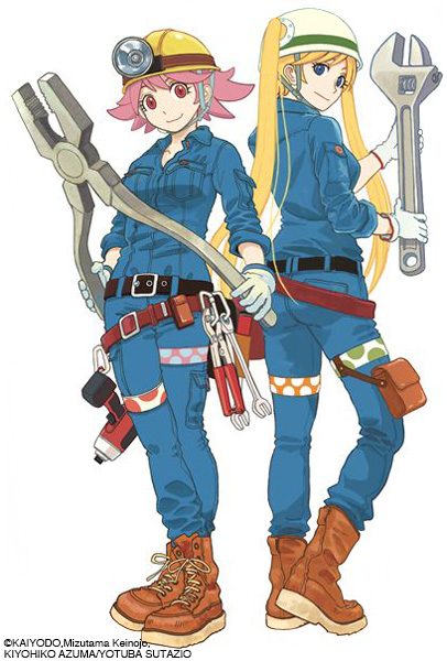 azuma_kiyohiko back-to-back blue_eyes boots brown_footwear copyright copyright_name cross-laced_footwear drill eyelashes flipped_hair full_body hardhat headlight helmet holding jumpsuit long_hair looking_at_viewer multiple_girls official_art pink_eyes pliers reset_(wonder_festival) short_hair simple_background smile tool_belt twintails wanda_(wonder_festival) watermark white_background wonder_festival wonder_festival_mascots work_gloves wrench