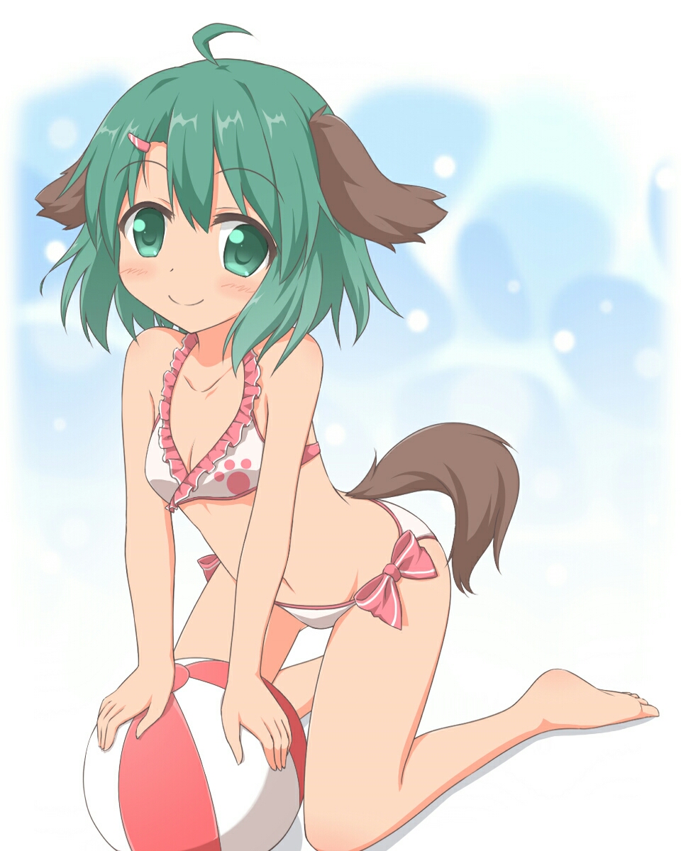 ahoge animal_ears arm_support ball beachball bikini blue_background blush breasts cleavage collarbone eyebrows_visible_through_hair frilled_bikini_top gradient gradient_background green_eyes green_hair hair_between_eyes hair_ornament hairclip highres kasodani_kyouko kneeling leaning_forward leaning_on_object looking_at_viewer navel on_ground paw_print shino_megumi short_hair side-tie_bikini small_breasts smile solo swimsuit tail touhou