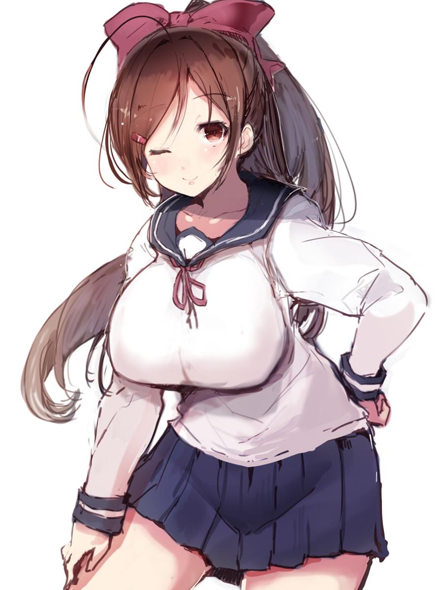 ;) alternate_costume bow breasts brown_hair commentary cowboy_shot hair_bow hair_ornament hairclip hand_on_hip hand_on_own_thigh highres impossible_clothes impossible_shirt kantai_collection large_breasts long_hair mamiya_(kantai_collection) navy_blue_sailor_collar navy_blue_skirt one_eye_closed pleated_skirt ponytail red_bow red_neckwear red_ribbon ribbon school_uniform serafuku shirt skirt smile solo sumisu_(mondo)