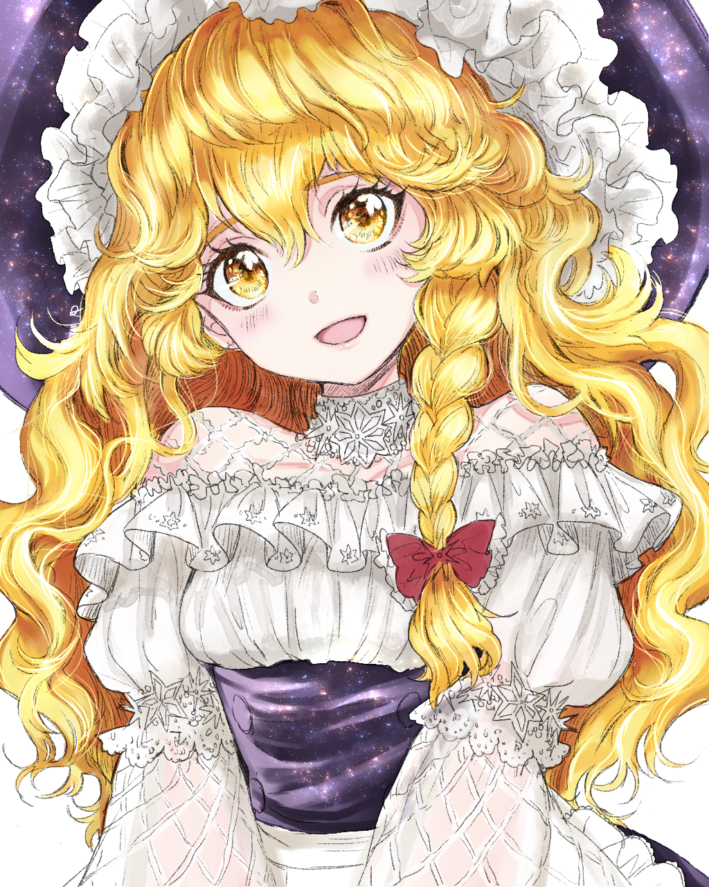 :d alternate_costume apron bare_shoulders black_sash blonde_hair blush bow braid commentary_request dress eyebrows_visible_through_hair frilled_apron frilled_dress frills hair_between_eyes hair_bow hat head_tilt highres juliet_sleeves kirisame_marisa long_hair long_sleeves off-shoulder_dress off_shoulder open_mouth puffy_sleeves red_bow rosette_(roze-ko) sash simple_background single_braid smile solo space_print starry_sky_print texture touhou upper_body waist_apron wavy_hair white_apron white_background white_dress wide_sleeves witch_hat yellow_eyes