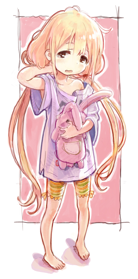 barefoot bike_shorts blonde_hair blush brown_eyes clothes_writing collarbone full_body futaba_anzu hand_on_own_neck idolmaster idolmaster_cinderella_girls long_hair low_twintails matsuo_yuusuke off_shoulder parted_lips shirt sketch solo striped striped_bike_shorts stuffed_animal stuffed_bunny stuffed_toy t-shirt twintails