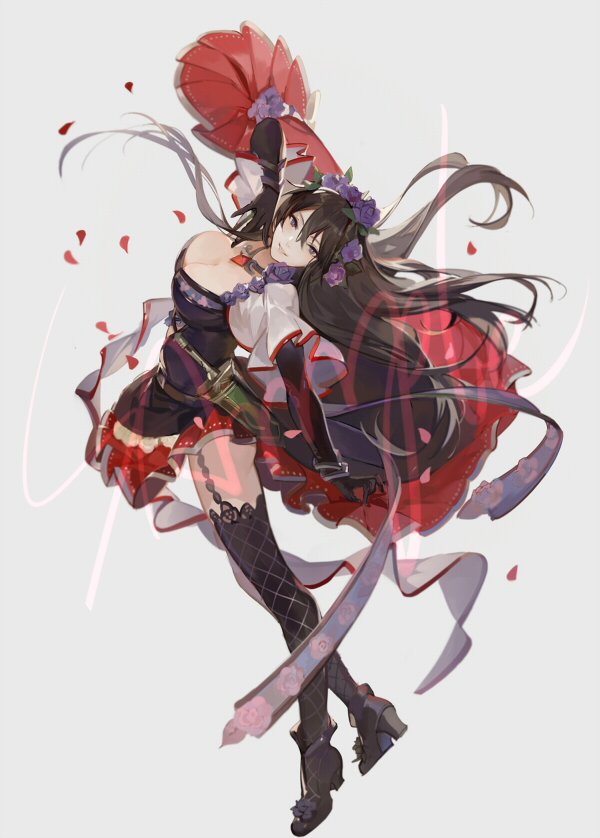 black_gloves black_hair breasts cleavage dress flower gloves granblue_fantasy hair_between_eyes hair_flower hair_ornament high_heels jewelry large_breasts long_hair looking_at_viewer necklace nineo outstretched_arms purple_eyes red_skirt rose rosetta_(granblue_fantasy) sample skirt smile solo thighhighs watermark