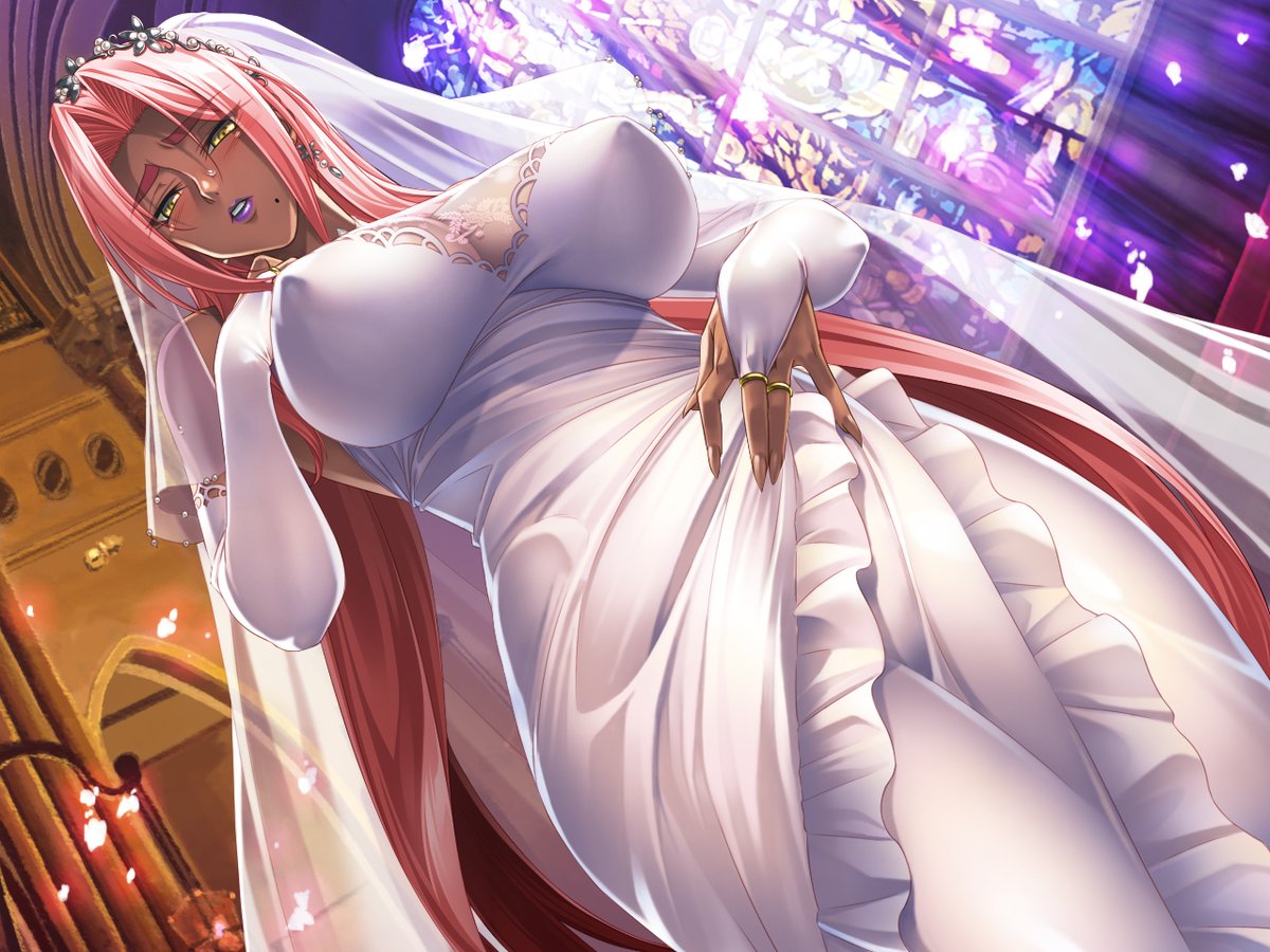 1girl blush breasts bride church curvy dark_skin dress erect_nipples female happy huge_ass huge_breasts indoors ingrid_(taimanin_asagi) kagami_hirotaka lilith-soft lipstick long_hair looking_at_viewer makeup nipples no_bra pink_hair purple_lipstick shiny shiny_skin sitting sky taimanin_(series) taimanin_asagi taimanin_asagi_battle_arena tears wedding_dress