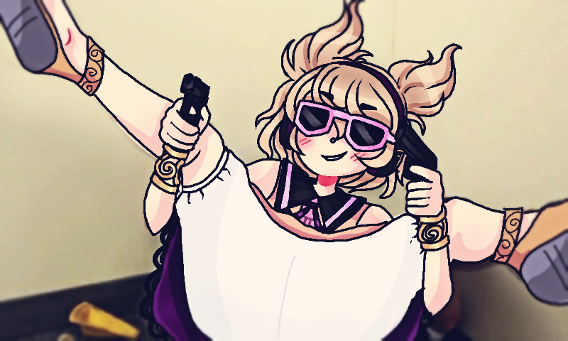 bloomers blush commentary dual_wielding english_commentary filthy_frank gun handgun holding lying meme on on_back pistol sandals shoe_soles smile spread_legs sunglasses thepiratedoge touhou toyosatomimi_no_miko underwear weapon wrist_cuffs