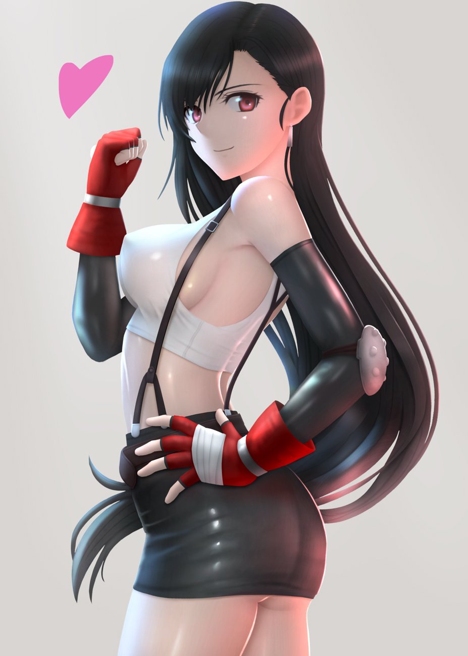 ass bare_shoulders black_gloves black_hair breasts clenched_hand commentary cowboy_shot earrings elbow_gloves elbow_pads final_fantasy final_fantasy_vii fingerless_gloves from_side gloves grey_background hand_on_hip hand_up heart highres jewelry large_breasts long_hair looking_at_viewer red_eyes red_gloves shirt simple_background siraha skirt sleeveless sleeveless_shirt smile solo suspender_skirt suspenders tifa_lockhart very_long_hair