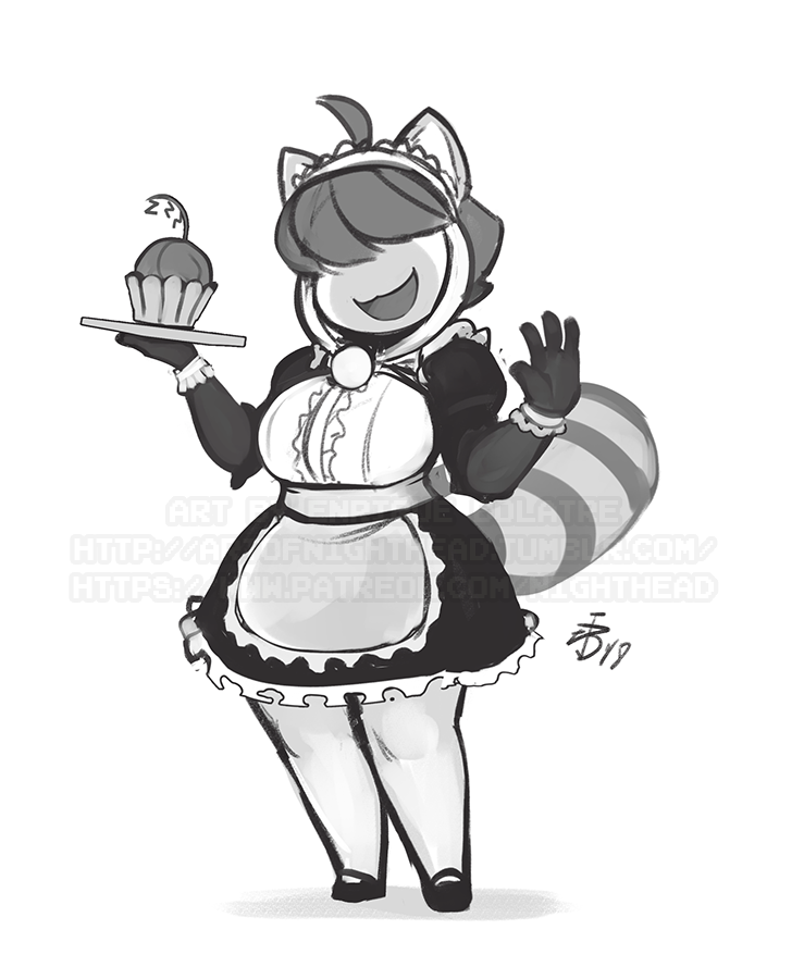 2018 anthro berry big_breasts breasts chinese clothed clothing costume cupcake cute dandan digital_media_(artwork) dress female food footwear fruit fur hair hair_over_eyes happy legwear lunar_regalia maid_uniform mammal monochrome nighthead open_mouth paws plate red_panda ringed_tail shoes short_hair short_stack simple_background smile stockings stripes uniform waving wide_hips