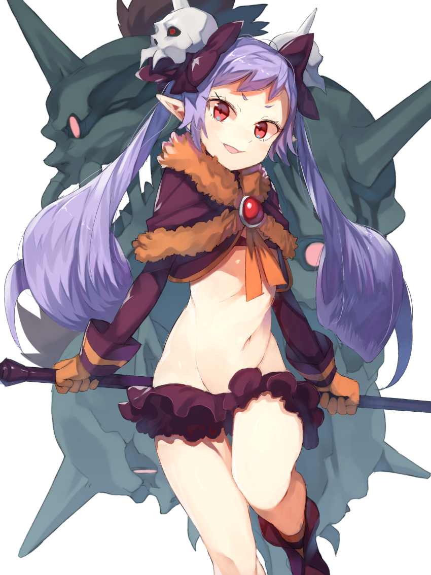 boots bow brooch brown_gloves capelet commentary_request crop_top disgaea feet_out_of_frame fur_trim gloves groin hair_bow hair_ornament holding jewelry kasuka_(kusuki) lavender_hair long_hair long_sleeves looking_at_viewer majorita_(disgaea) makai_senki_disgaea_5 makai_wars microskirt midriff navel open_mouth pointy_ears purple_bow purple_skirt red_eyes ruffled_skirt simple_background skirt skull_hair_ornament smile solo standing standing_on_one_leg stomach thighs twintails white_background zombie_(disgaea)