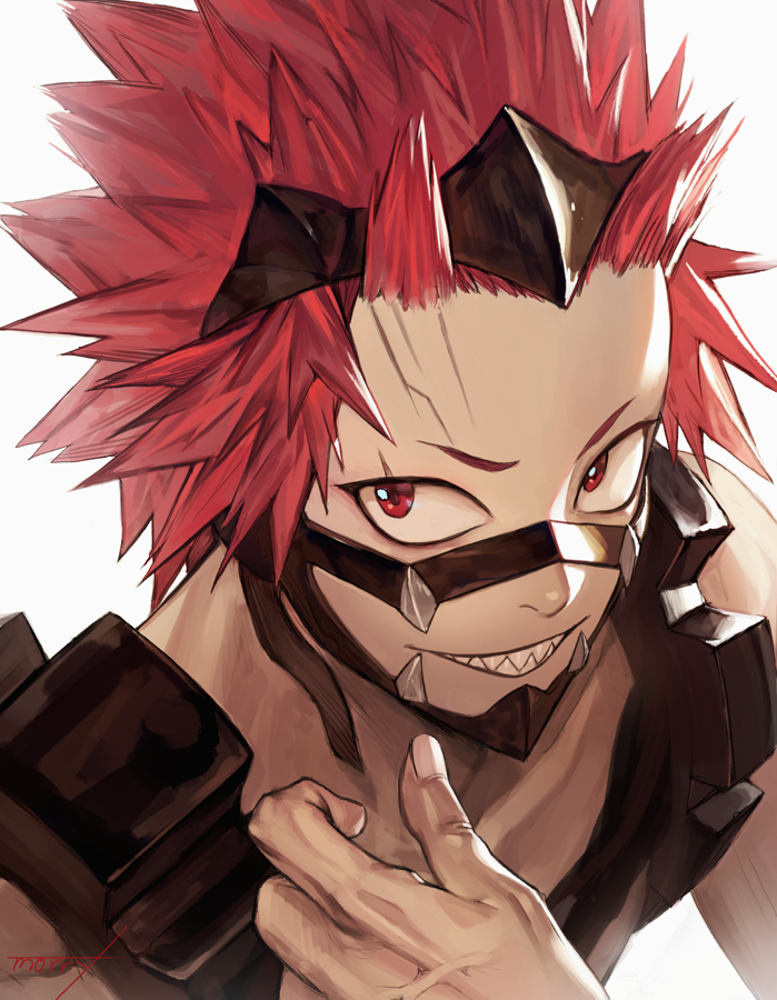 boku_no_hero_academia commentary_request face kirishima_eijirou korean_commentary looking_at_viewer male_focus na_in-sung red_eyes red_hair sharp_teeth smile solo spiked_hair teeth white_background