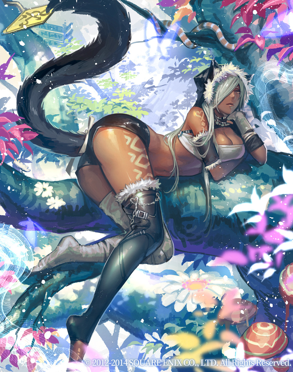 animal_ears ass boots breasts cat_ears cheshire_cat chin_rest cleavage dark_skin day full_body guardian_cross hair_over_one_eye heart highres in_tree large_breasts lying midriff official_art on_side outdoors silver_hair snake tail tattoo thigh_boots thighhighs tree watermark white_legwear yamada_rokkaku