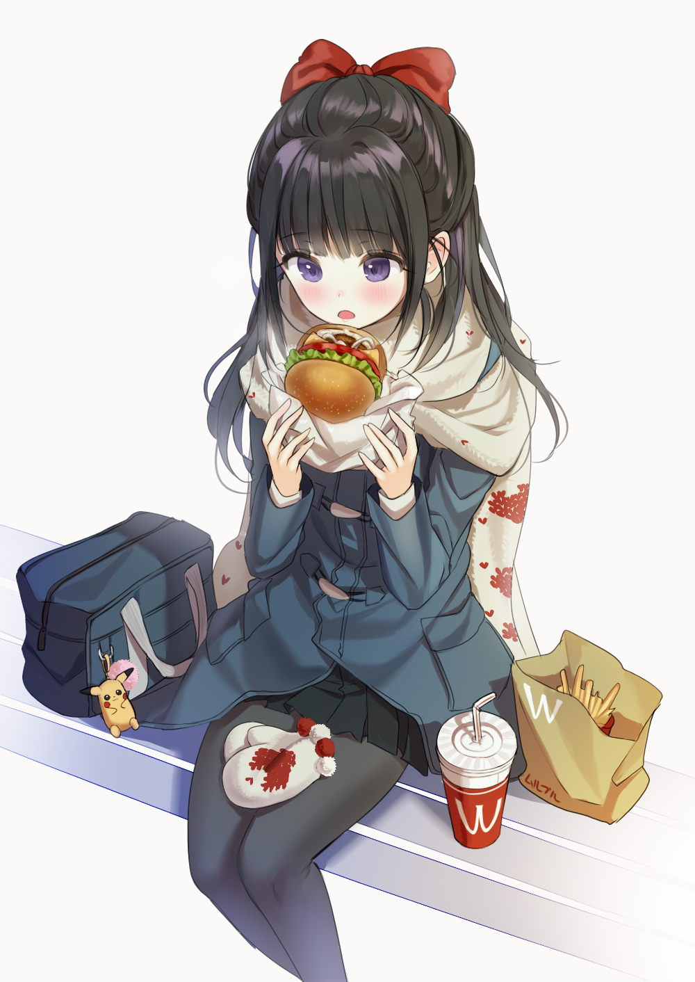 bag bangs black_legwear black_skirt blue_bag blue_coat blush bow brand_name_imitation charm_(object) cup drinking_straw eyebrows_visible_through_hair fast_food food french_fries hair_bow hamburger highres holding holding_food legs_together long_hair long_sleeves mcdonald's mittens_removed mullpull open_mouth original pantyhose paper_bag pikachu pleated_skirt pokemon pokemon_(creature) purple_eyes red_bow scarf school_bag shiny shiny_hair shoulder_bag simple_background sitting sketch_eyebrows skirt solo translation_request wcdonalds white_background white_mittens white_scarf wrapper