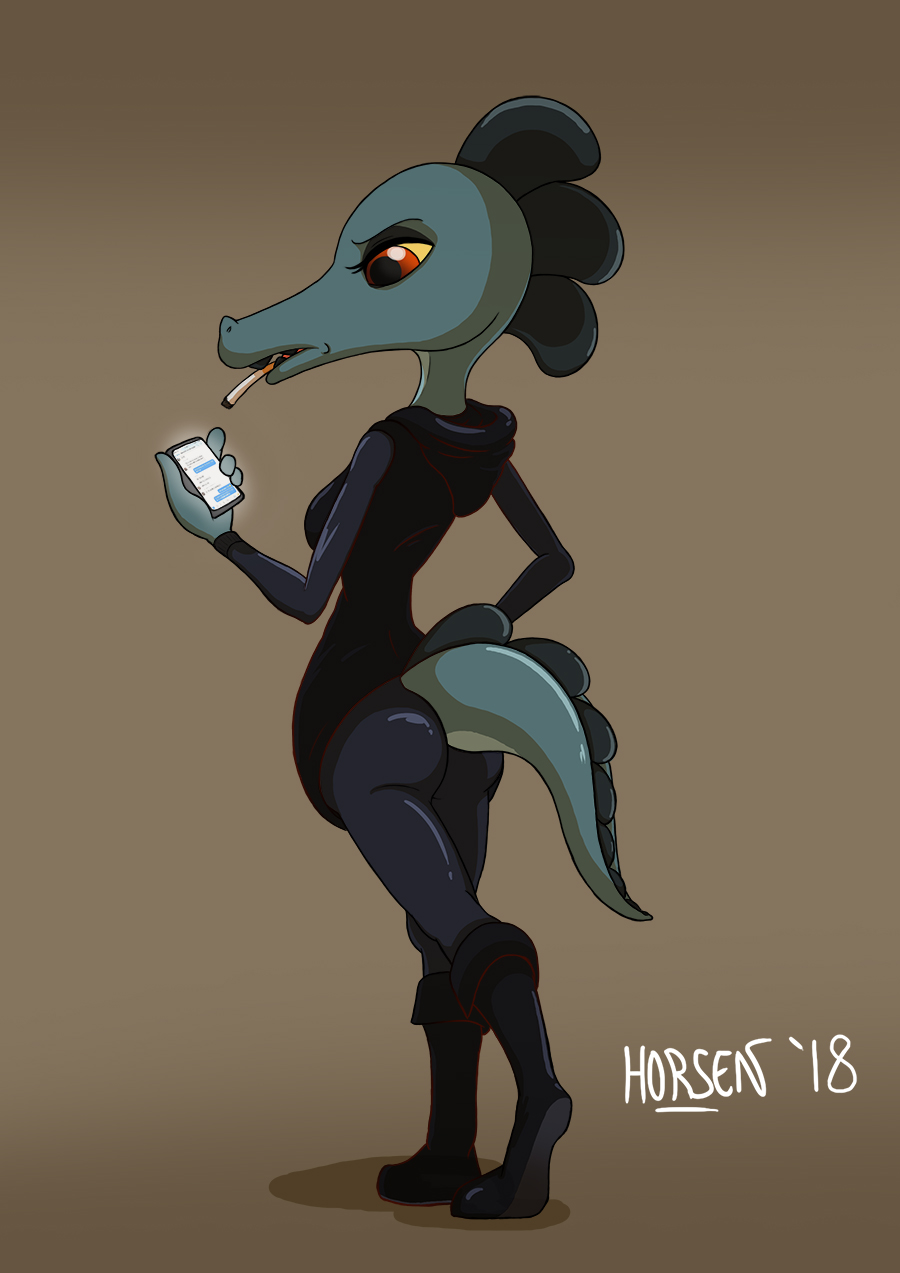 2018 alligator anthro bea_(nitw) breasts brown_background butt butt_pose cigarette clothed clothing crocodilian digital_media_(artwork) female green_scales horsen night_in_the_woods reptile scales scalie simple_background solo