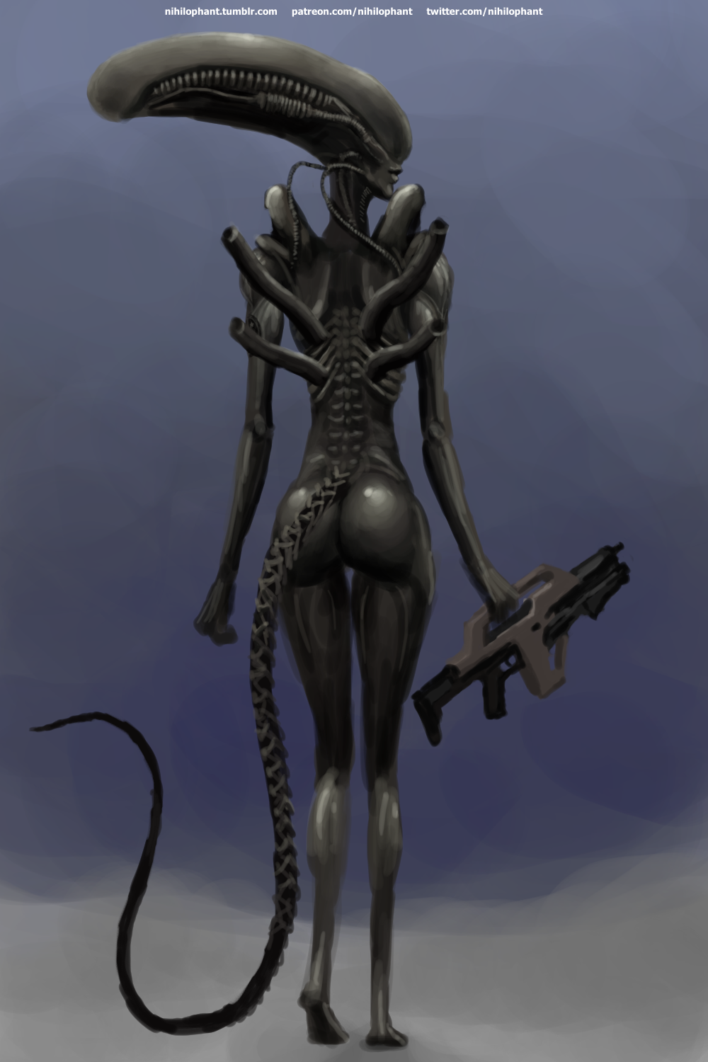2018 alien alien_(franchise) alien_girl alternate_version_at_source bald beast_(disambiguation) belly big_butt black_female black_skin black_tail black_tubes butt claws dangerous eye_contact eyeless feet female grip gun holding_(disambiguation) humanoid lips looking_at_viewer looking_back nihilophant not_furry nude raised_leg ranged_weapon rear_view rifle seductive simple_background skinny smile solo standing tall tall_girl text walking weapon wide_hips xeno xenomorph