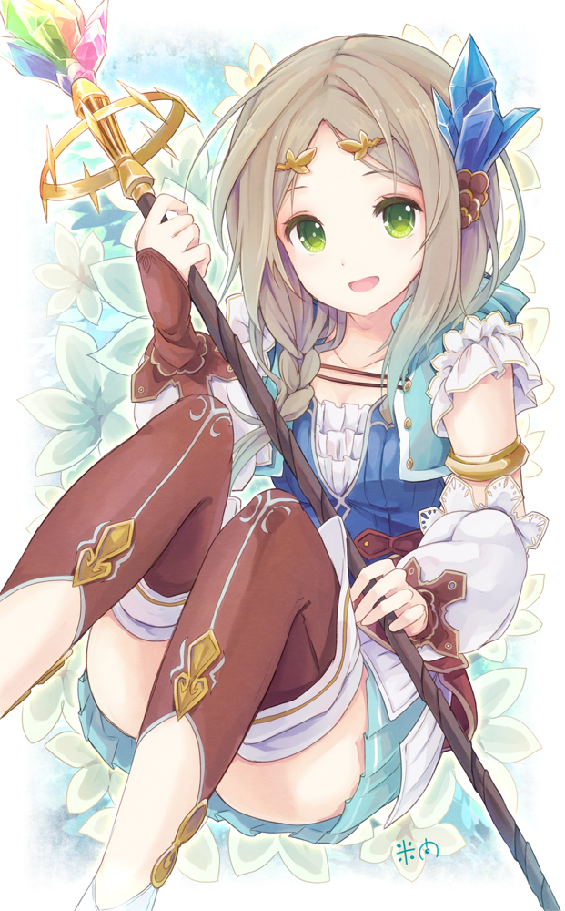atelier_(series) atelier_firis brown_hair collarbone commentary_request firis_mistlud gloves green_eyes hair_ornament long_hair looking_at_viewer open_mouth skirt smile solo staff yonema