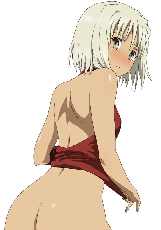 428 ass back bare_shoulders blush bottomless brown_eyes canaan canaan_(character) komatsu_(sakanae) looking_back short_hair simple_background solo undressing white_background