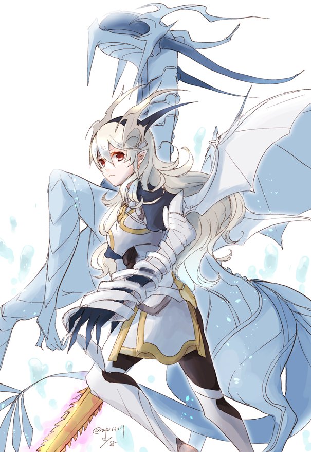 1girl armor closed_mouth dated dragon female_my_unit_(fire_emblem_if) fire_emblem fire_emblem_if from_side long_hair looking_to_the_side mamkute my_unit_(fire_emblem_if) nintendo pointy_ears red_eyes robaco simple_background solo sword twitter_username weapon white_background white_hair