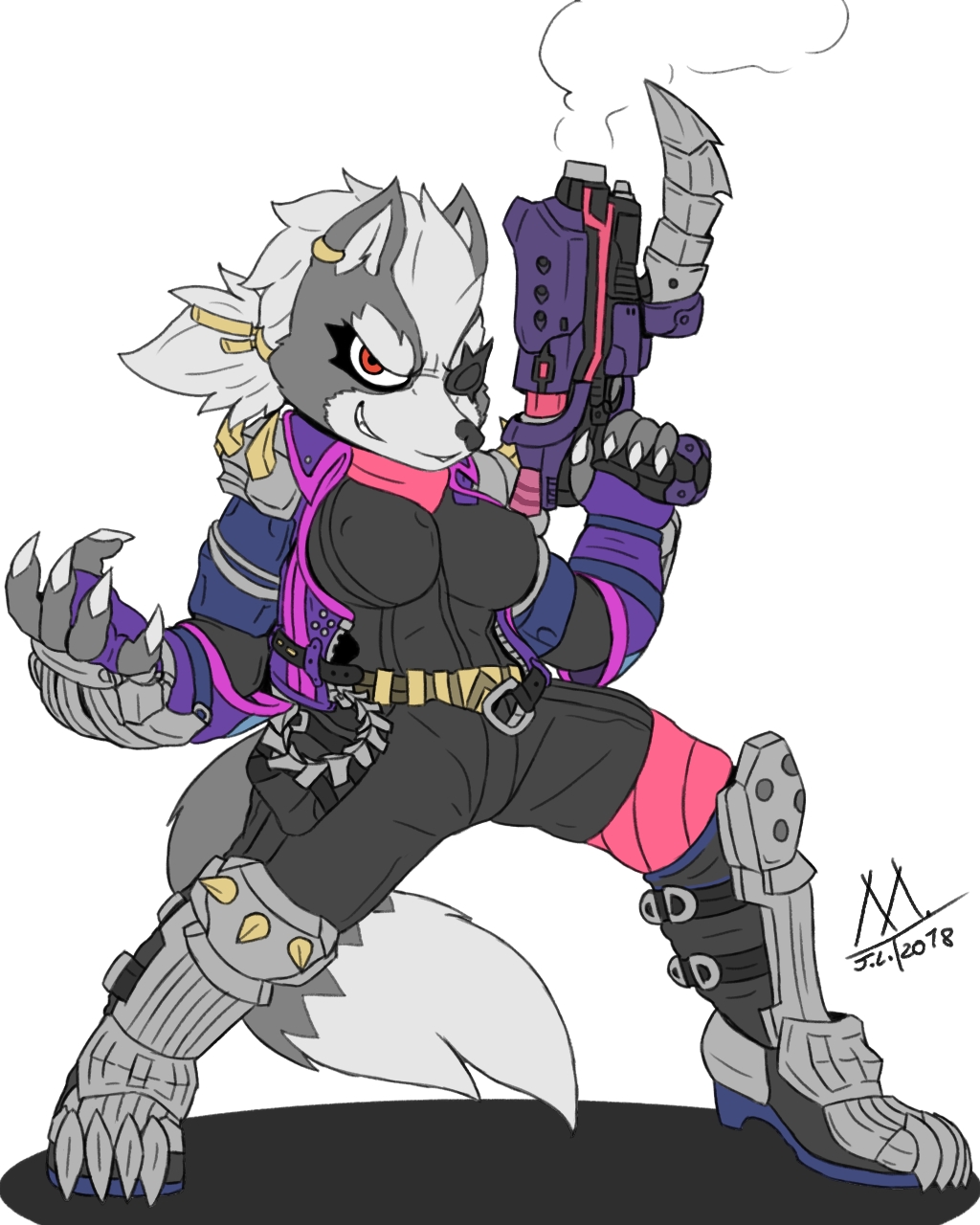 armor canine clothed clothing crossgender ear_piercing female flat_colors hi_res jacket laser_gun mammal meatboom nintendo piercing ponytail ranged_weapon solo star_fox video_games weapon wolf wolf_o'donnell