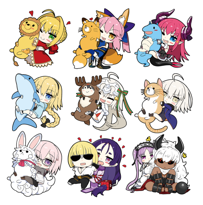6+girls ahoge animal_costume animal_ears asterios_(fate/grand_order) black_pupils blonde_hair blue_eyes blush braid bug butterfly chibi closed_mouth commentary_request dark_skin dragon_tail elizabeth_bathory_(fate) elizabeth_bathory_(fate)_(all) euryale eyebrows_visible_through_hair eyes_closed fate/extra fate/extra_ccc fate/grand_order fate_(series) fou_(fate/grand_order) fox_ears fox_tail french_braid fujimaru_ritsuka_(male) glasses green_eyes hair_ornament hair_ribbon hairband heart heart-shaped_pupils horns insect jeanne_d'arc_(alter)_(fate) jeanne_d'arc_(fate)_(all) jeanne_d'arc_(swimsuit_archer) jeanne_d'arc_alter_santa_lily jeanne_d'arc_(alter)_(fate) jeanne_d'arc_(fate) jeanne_d'arc_(fate)_(all) jeanne_d'arc_(swimsuit_archer) jeanne_d'arc_alter_santa_lily kou_mashiro long_hair looking_at_viewer mash_kyrielight minamoto_no_raikou_(fate/grand_order) multiple_girls nero_claudius_(fate) nero_claudius_(fate)_(all) object_hug one_eye_closed open_mouth pink_hair pointy_ears purple_eyes purple_hair red_eyes reindeer_costume ribbon sakata_kintoki_(fate/grand_order) short_hair simple_background single_braid smile stuffed_animal stuffed_cat stuffed_dolphin stuffed_dragon stuffed_fox stuffed_reindeer stuffed_toy symbol-shaped_pupils tail tamamo_(fate)_(all) tamamo_no_mae_(fate) twintails white_background white_hair yellow_butterfly yellow_eyes