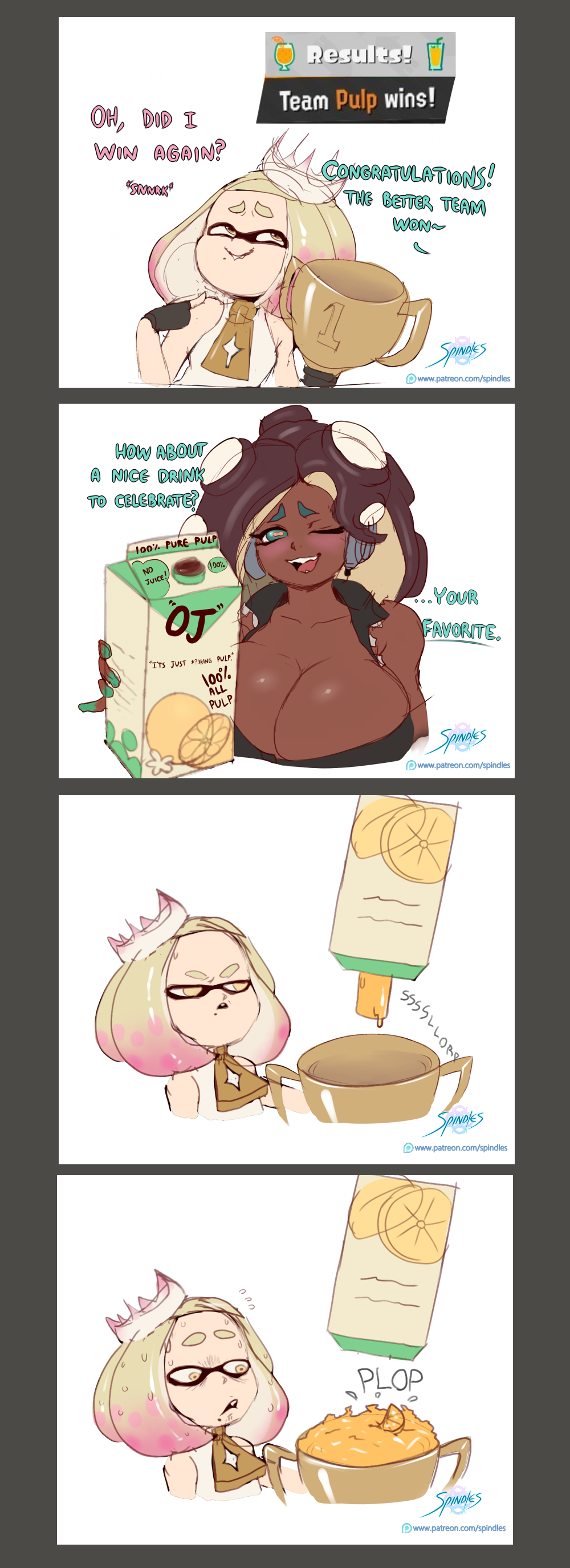 award beverage big_breasts blush breasts cleavage clothed clothing comic dialogue fingerless_gloves gloves looking_at_viewer marina_(splatoon) nintendo one_eye_closed orange_juice pearl_(splatoon) pulp sketch spindlesx splatfest splatoon surprise trophy video_games wide_eyed wink