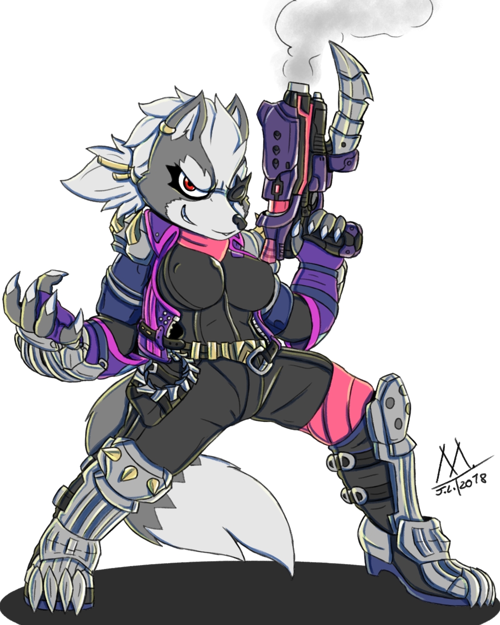 2018 armor canine clothed clothing crossgender ear_piercing female fur grey_fur hi_res jacket laser_gun mammal meatboom nintendo piercing ponytail ranged_weapon scarf solo star_fox video_games weapon wolf wolf_o'donnell