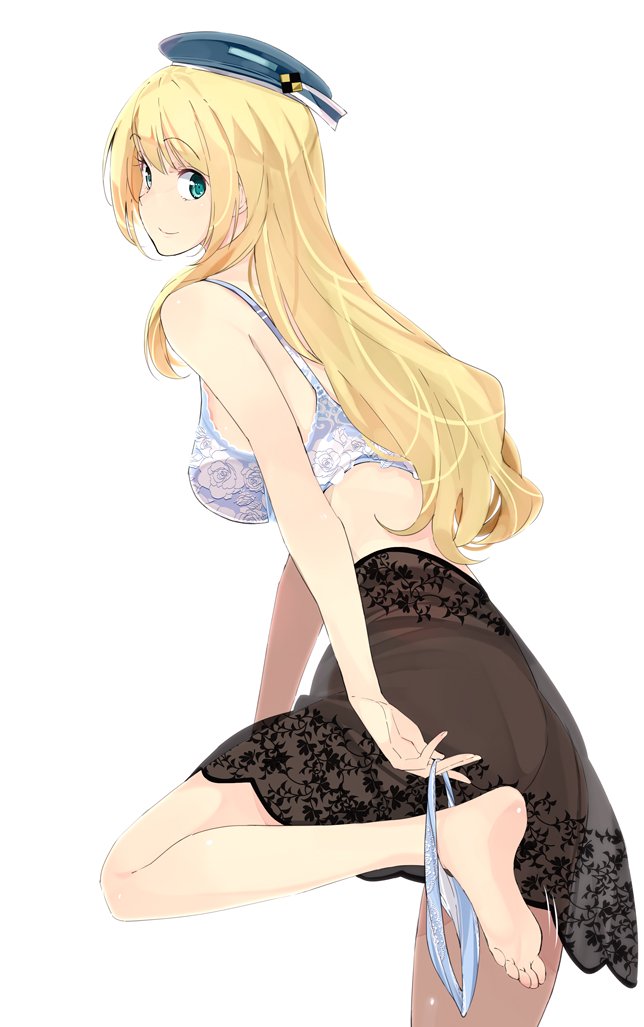 amami_amayu atago_(kantai_collection) barefoot beret blonde_hair blue_hat blush bra breasts commentary feet green_eyes hat kantai_collection large_breasts long_hair looking_at_viewer looking_back panties panties_around_one_leg simple_background smile soles solo underwear undressing white_background white_bra white_panties
