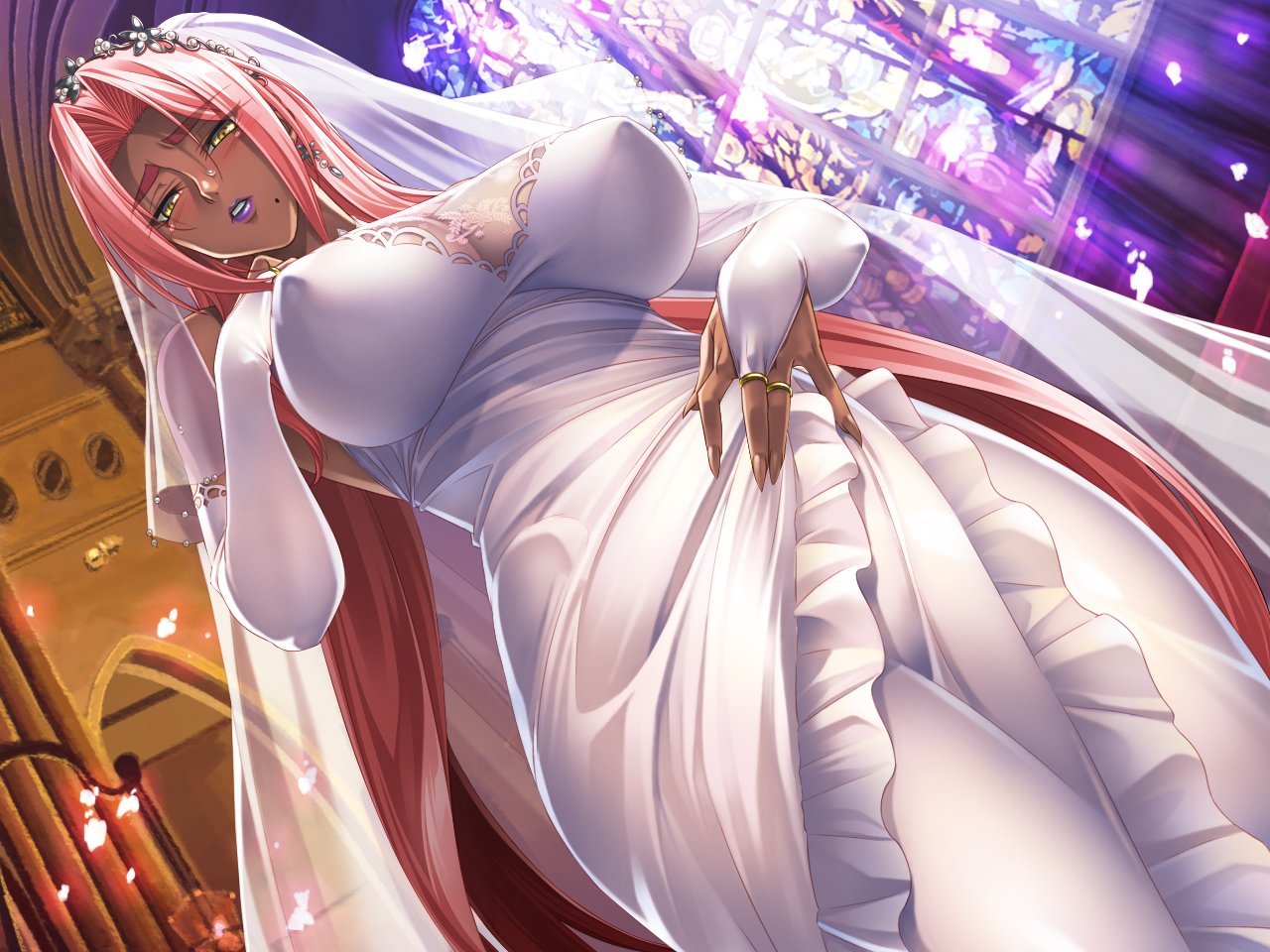 bangs blush breasts bridal_gauntlets bridal_veil cathedral church commentary_request dark_skin dress dutch_angle earrings fingernails indoors ingrid_(taimanin_murasaki) jewelry kagami_hirotaka large_breasts lips lipstick looking_at_viewer makeup mole mole_under_mouth official_art parted_lips pink_hair ring see-through solo taimanin_(series) veil wedding_dress yellow_eyes