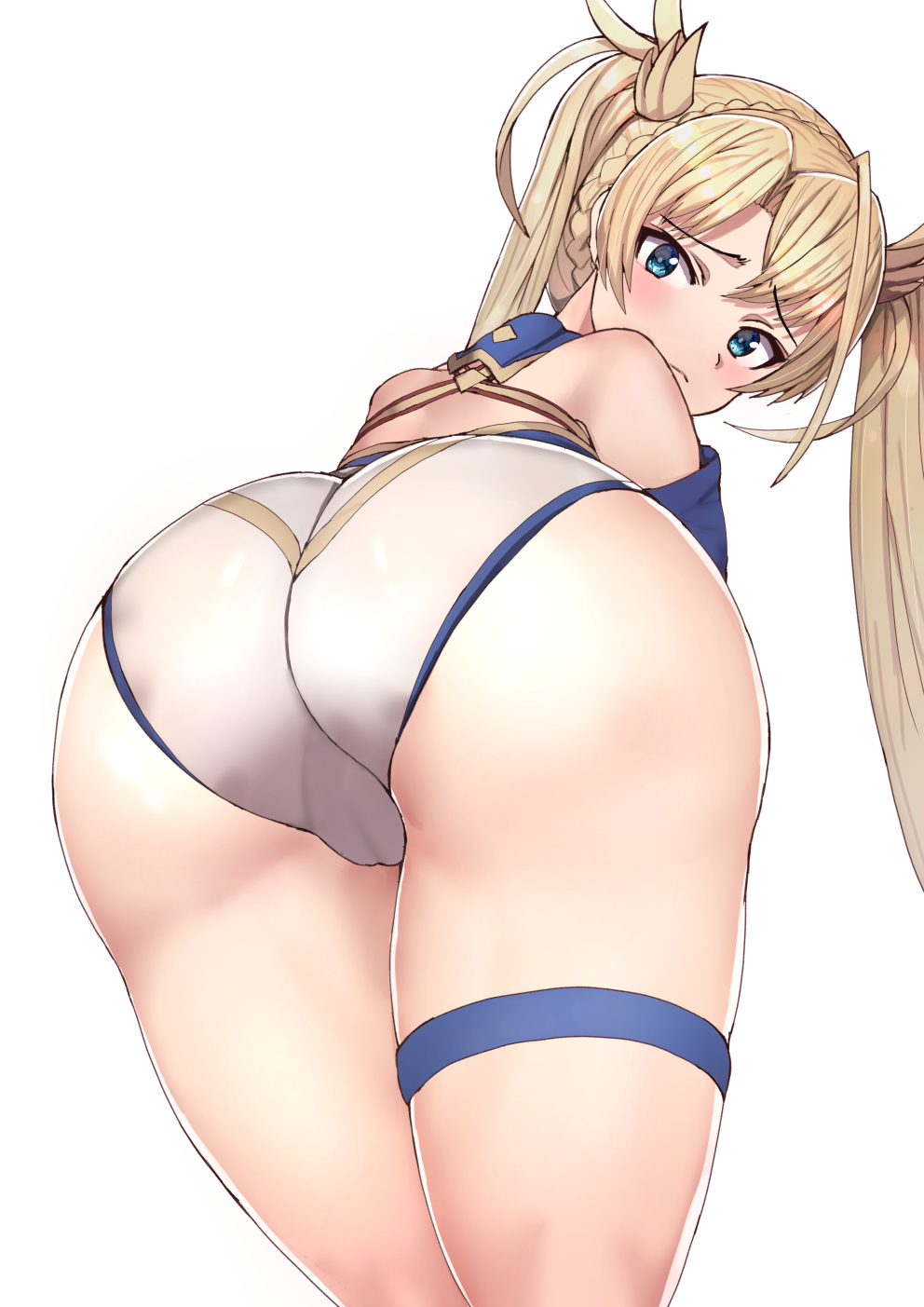 ass bangs blonde_hair blue_eyes blush bradamante_(fate/grand_order) braid embarrassed fate/grand_order fate_(series) french_braid from_behind hair_ribbon huge_ass leaning leaning_forward leotard long_hair looking_at_viewer looking_back panties ribbon sidelocks sikijou77o solo thigh_strap thighs twintails underwear white_background white_panties yellow_ribbon