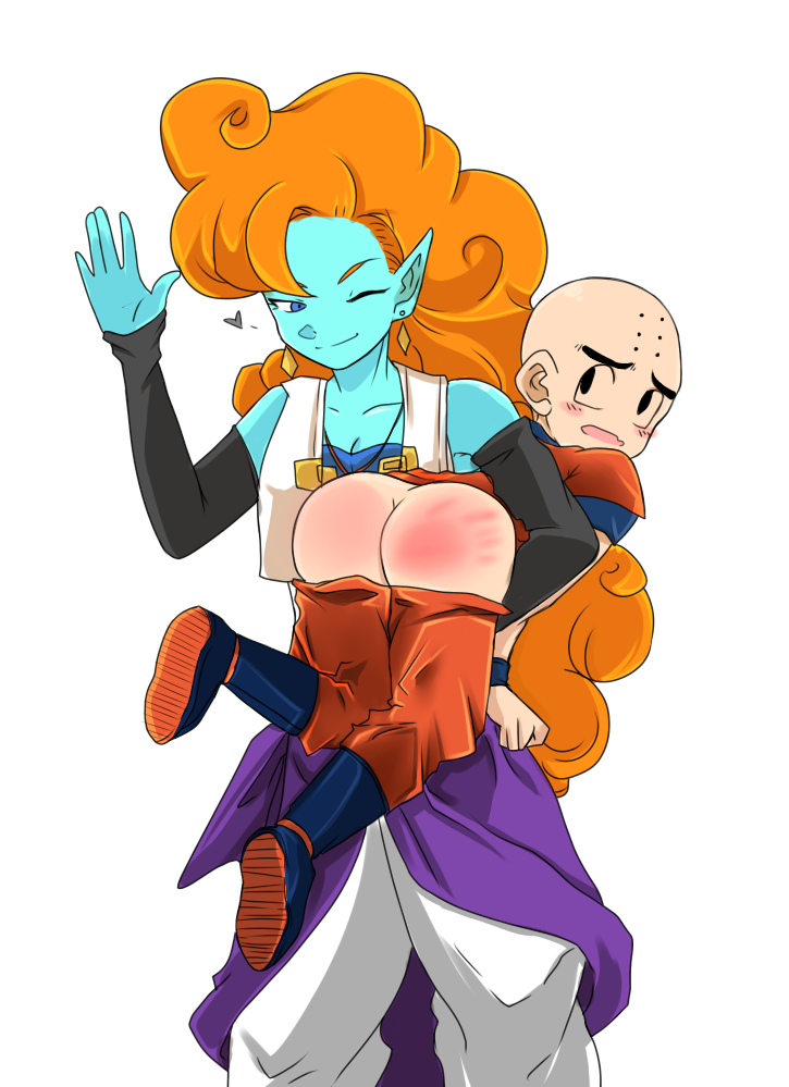 1boy 1girl ass bald blue_skin butt_crack carrying discipline domination dragon_ball dragonball_z embarrassed femdom handprint heart human krillin male malesub pants_down pirate punishment red_ass smile space_pirate spanked spanking teasing wink winking zangya