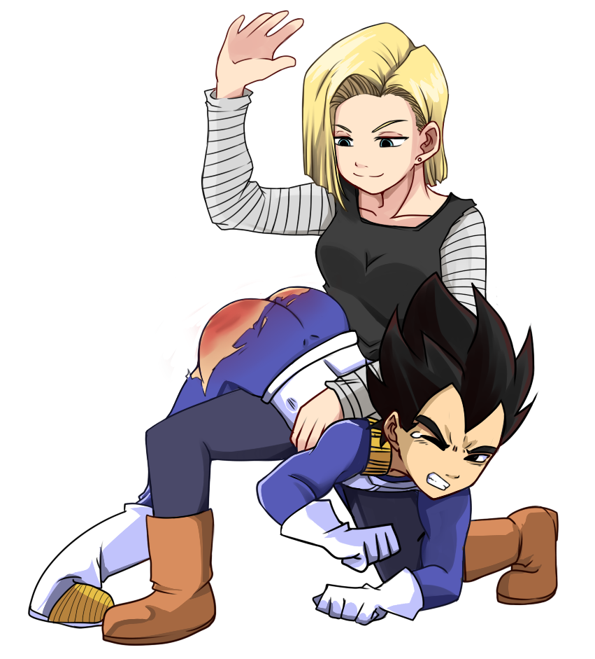 1boy 1girl android_18 ass black_hair blonde_hair butt_crack discipline domination dragon_ball dragonball_z exposed_ass femdom handprint hetero male malesub over_the_knee punishment red_ass smile spanked spanking tears top-down_bottom-up torn_clothes torn_pants vegeta
