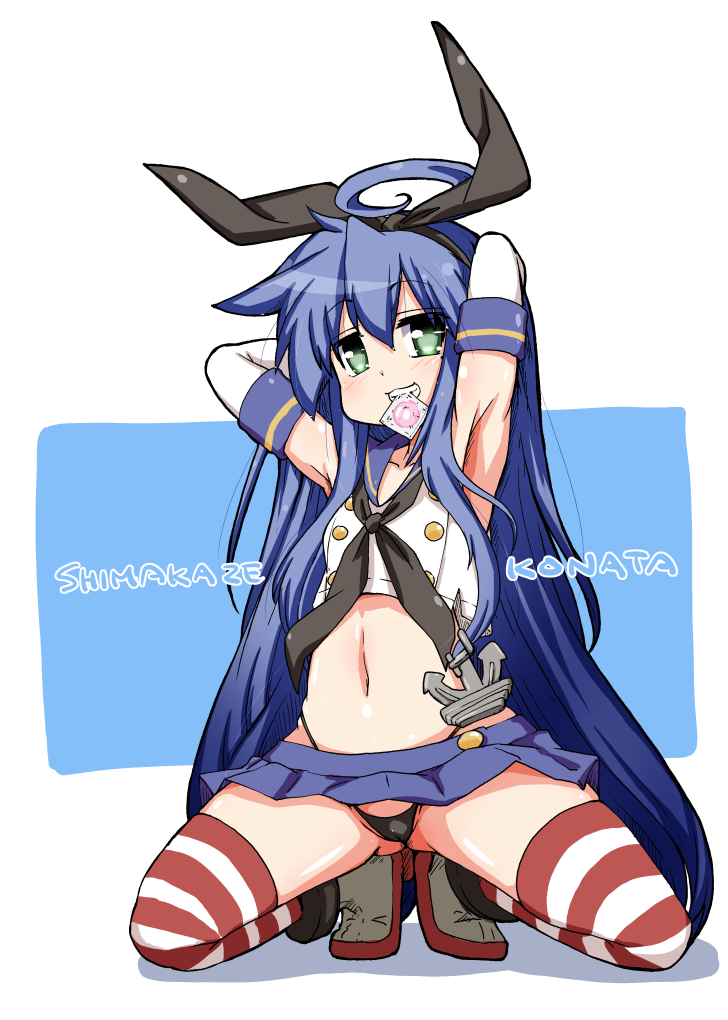 ahoge anchor_hair_ornament armpits arms_behind_head black_hairband black_panties blue_background blue_hair blue_skirt blush character_name clenched_teeth condom condom_in_mouth cosplay elbow_gloves eyebrows_visible_through_hair gloves green_eyes hair_ornament hairband izumi_konata kantai_collection long_hair looking_at_viewer lucky_star mizushima_(p201112) mouth_hold navel panties shimakaze_(kantai_collection) shimakaze_(kantai_collection)_(cosplay) skirt smile solo squatting striped striped_legwear teeth thighhighs underwear very_long_hair white_background