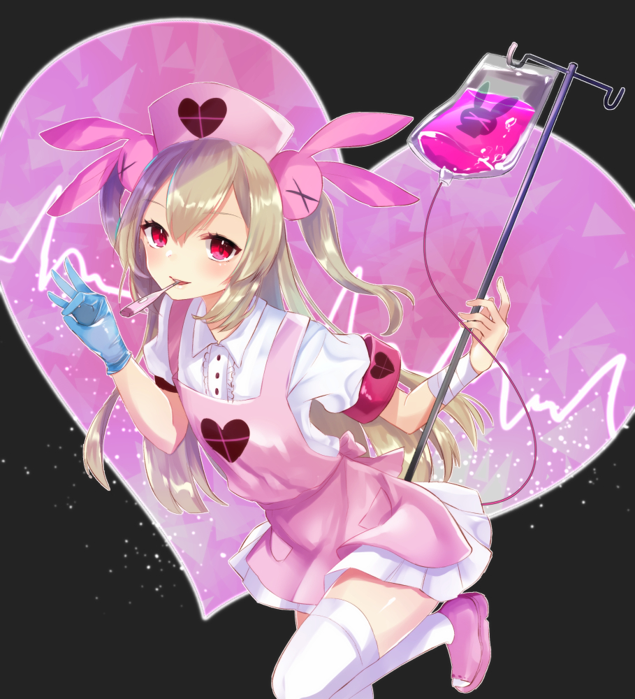 apron bandaged_arm bandages bangs black_background blood blood_bag blue_gloves blush brown_hair bunny_hair_ornament cardiogram center_frills collared_shirt commentary_request dress_shirt eyebrows_visible_through_hair gloves hair_between_eyes hair_ornament hand_up hat heart heart_background leg_up light_particles long_hair looking_at_viewer mouth_hold natori_sana nekomiya_noru_(yuduki710) nurse_cap ok_sign open_mouth pink_apron pink_footwear pink_hat pleated_skirt red_eyes rubber_gloves sana_channel shiny shiny_hair shirt short_sleeves sidelocks single_glove skirt smile solo standing standing_on_one_leg thighhighs tube two_side_up virtual_youtuber white_legwear white_shirt white_skirt