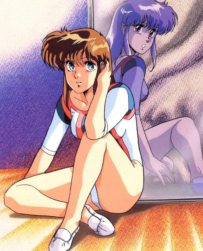 80s aqua_eyes brown_hair cream_lemon hand_to_head leotard long_hair looking_at_viewer looking_back mirror official_art oldschool parted_lips reflection screencap sitting solo white_footwear white_shadow