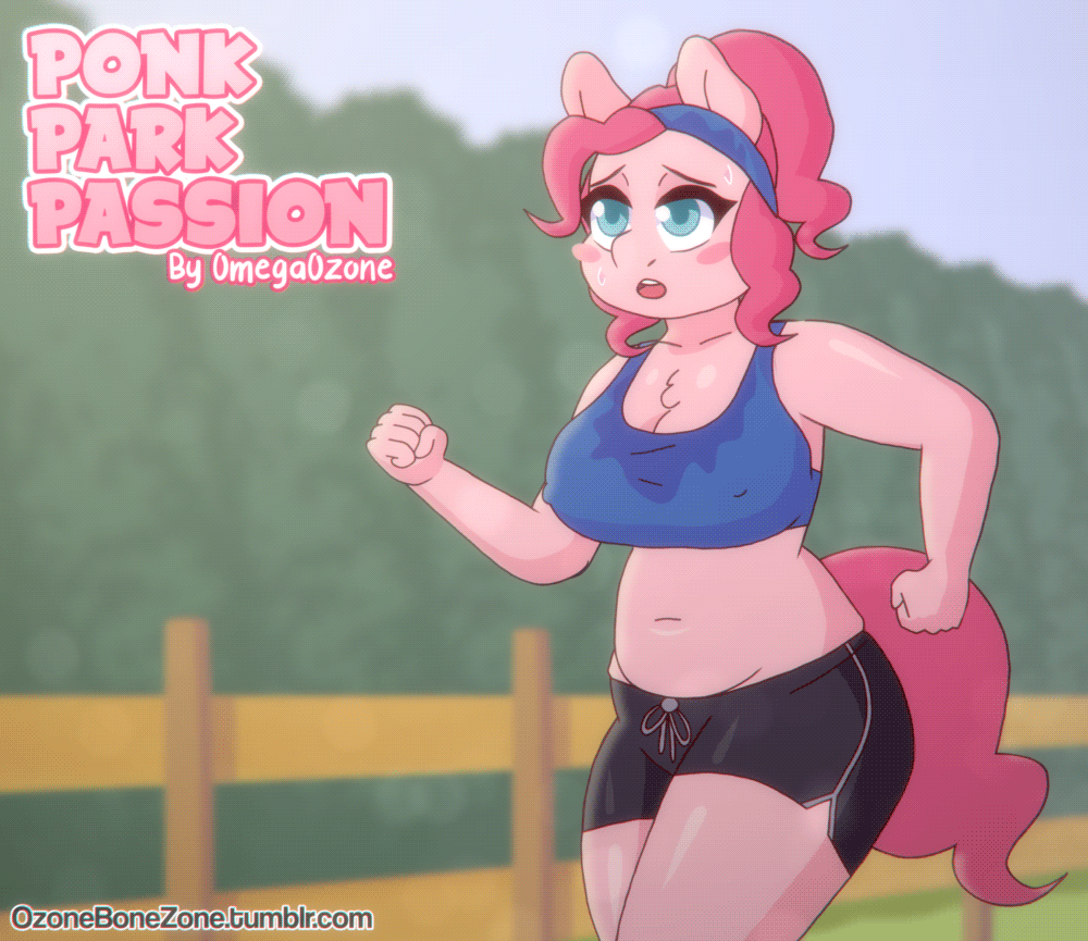 2018 animated anthro blue_eyes blush_sticker clothing earth_pony english_text equine female fence friendship_is_magic hair horse jogging mammal my_little_pony nipple_bulge omegaozone open_mouth outside pink_hair pinkie_pie_(mlp) pony solo sweat text url