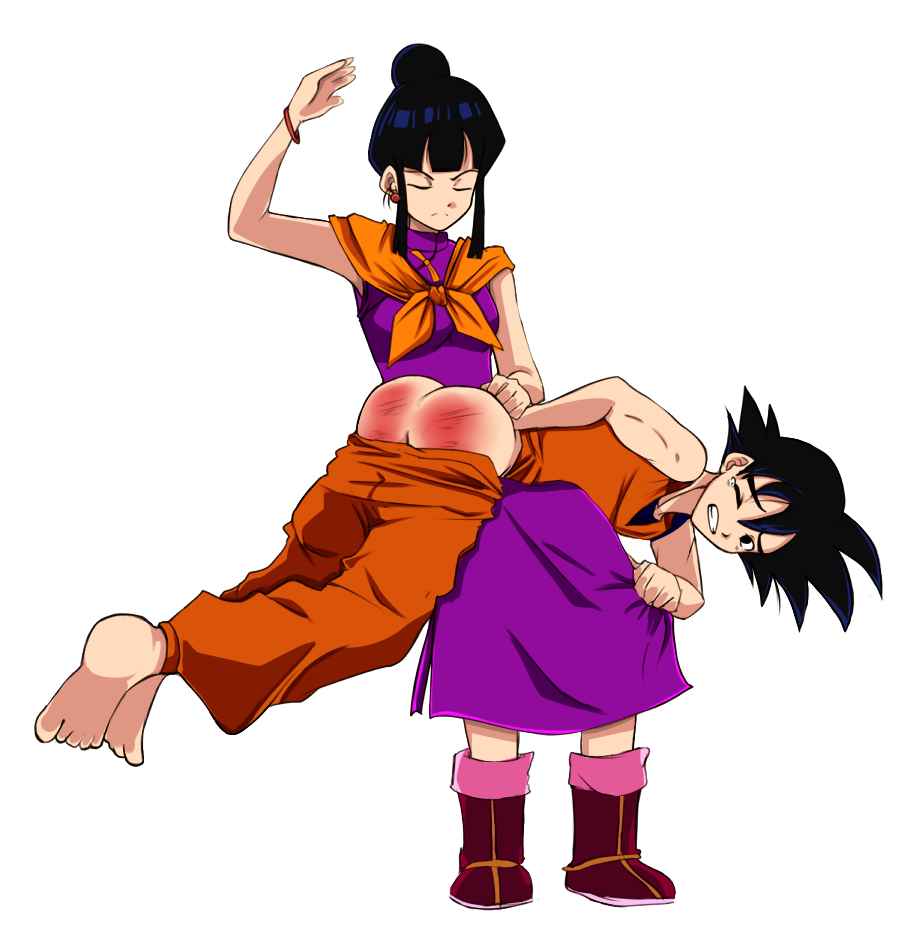 1boy 1girl ass barefoot black_hair butt_crack chichi couple discipline domination dragon_ball dragonball_z femdom hetero male malesub married over_the_knee pants_down punishment red_ass restrained son_goku spanked spanking tears