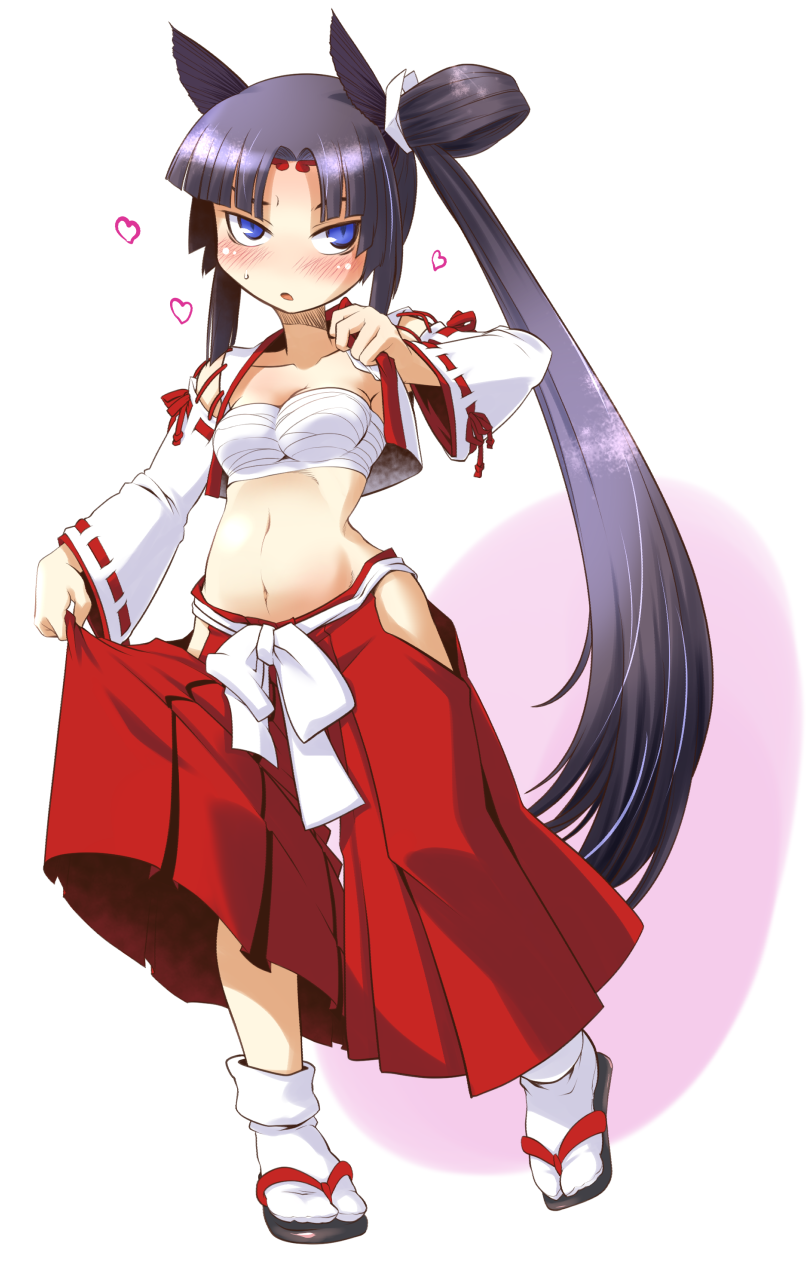 :o black_hair blue_eyes blush breasts cleavage clothes_lift collarbone detached_sleeves disgaea fate/grand_order fate_(series) full_body geta hair_intakes hakama hakama_skirt heart highres hip_vent japanese_clothes lifted_by_self long_hair long_sleeves medium_breasts midriff navel no_nose open_mouth raised_eyebrow red_hakama ribbon-trimmed_sleeves ribbon_trim sarashi side_ponytail solo standing standing_on_one_leg tabi takura_mahiro ushiwakamaru_(fate/grand_order) very_long_hair white_legwear wide_sleeves